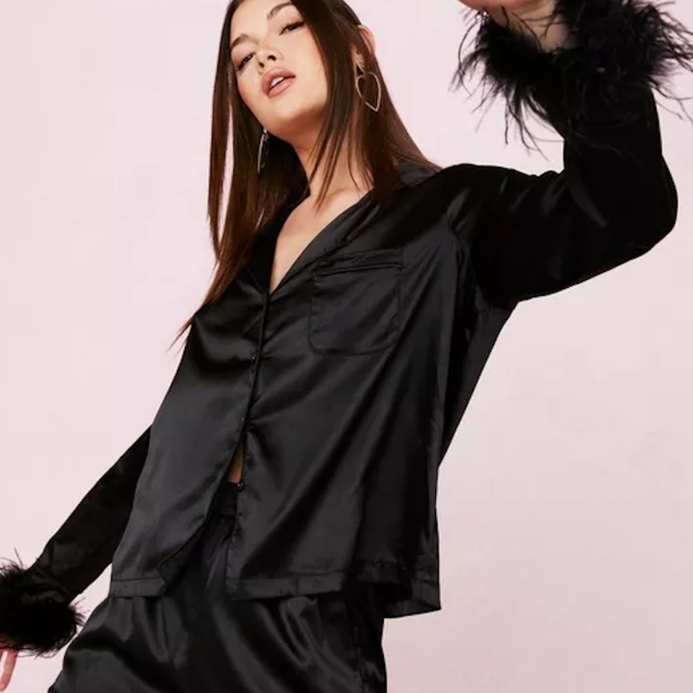 Nastygal Black Satin Feather PJ Set